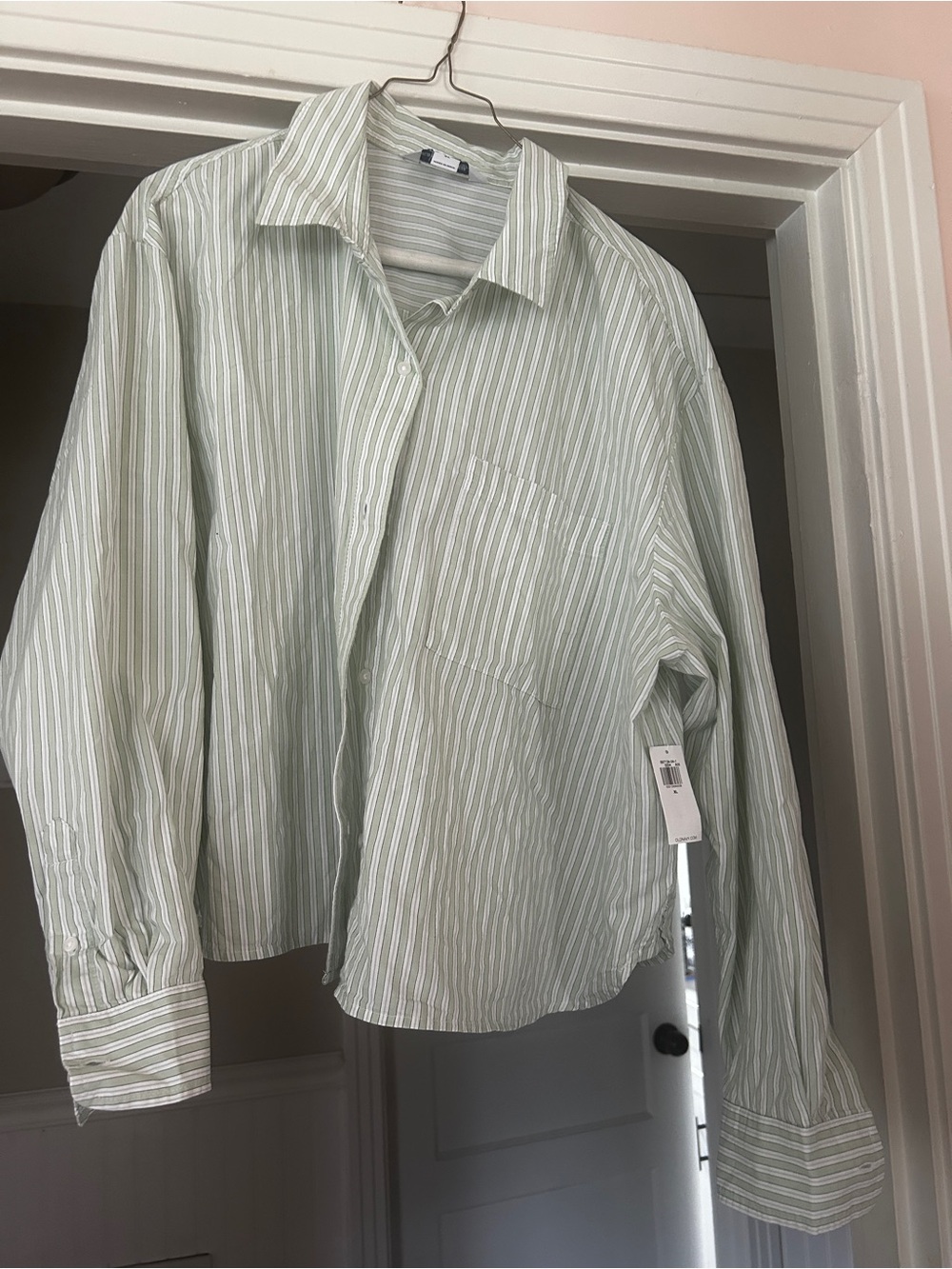 Old Navy Light Green and White Striped Button-Up Shirt